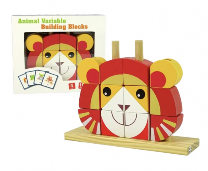 Puzzle 3D din 12 cuburi colorate, pe tije, Leul rosu cu galben [9]