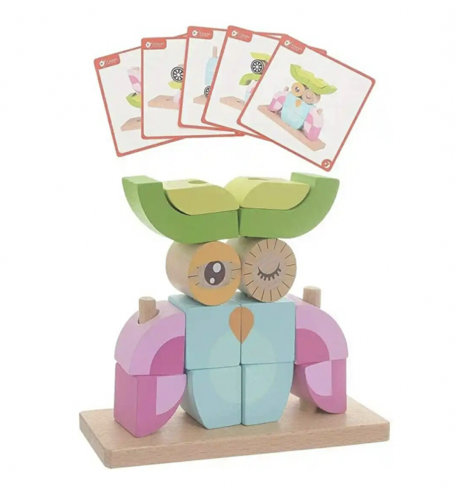 Puzzle 3D din 14 cuburi colorate, pe tije, Bufnita roz cu bleu [5]
