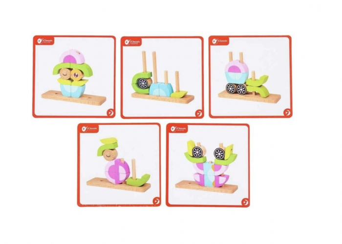 Puzzle 3D din 14 cuburi colorate, pe tije, Bufnita roz cu bleu [10]