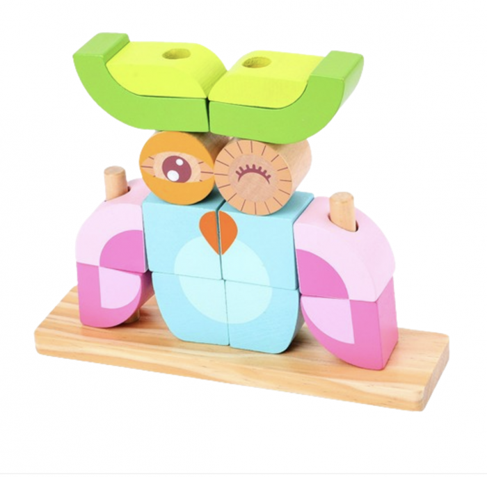 Puzzle 3D din 14 cuburi colorate, pe tije, Bufnita roz cu bleu [6]