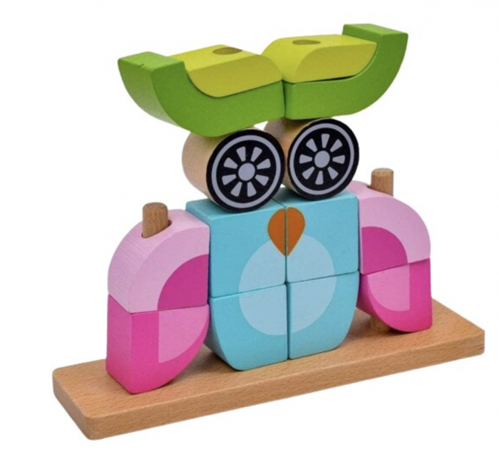 Puzzle 3D din 14 cuburi colorate, pe tije, Bufnita roz cu bleu [7]