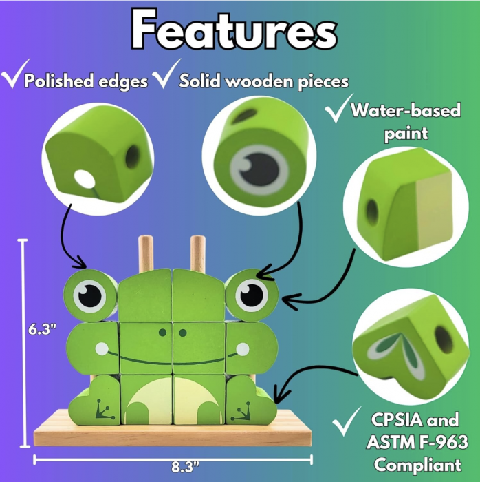 Puzzle 3D din 12 cuburi colorate, pe tije, Broscuta verde [5]