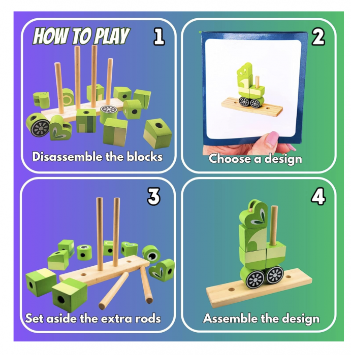 Puzzle 3D din 12 cuburi colorate, pe tije, Broscuta verde [4]