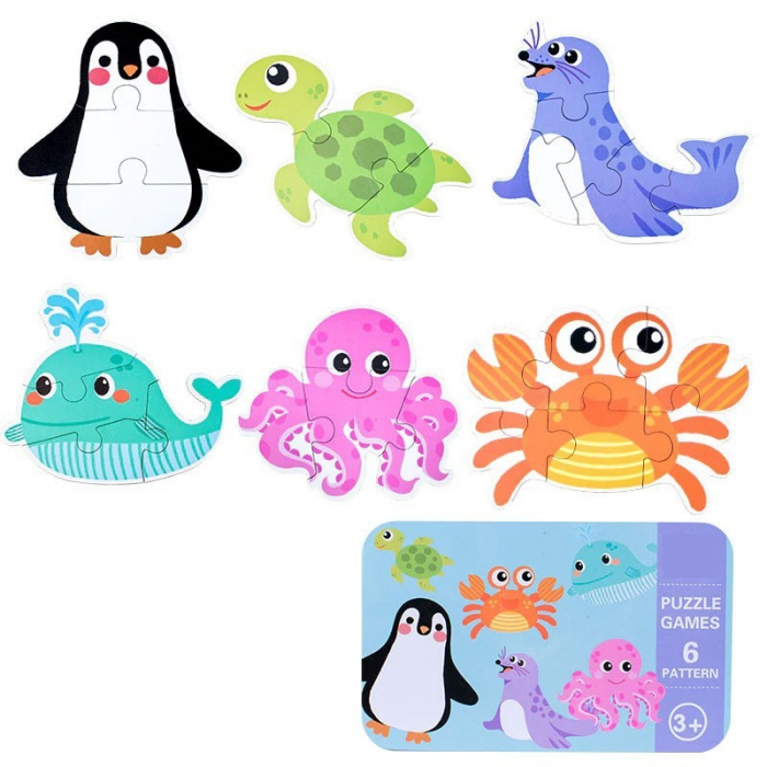 Puzzle animale marine in cutiuta metalica