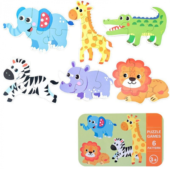 Puzzle animale salbatice in cutiuta metalica
