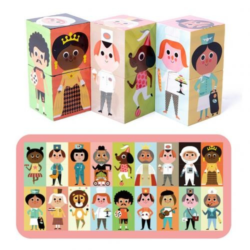 Puzzle chipuri si corpuri, cu 6 cuburi, din lemn [2]