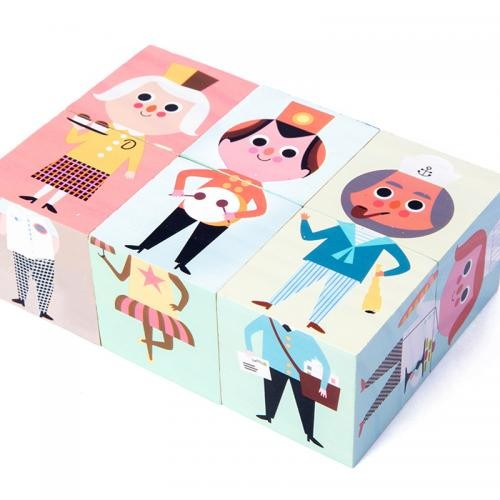 Puzzle chipuri si corpuri, cu 6 cuburi, din lemn [11]