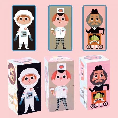 Puzzle chipuri si corpuri, cu 6 cuburi, din lemn [4]