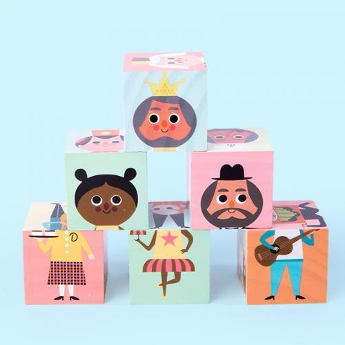 Puzzle chipuri si corpuri, cu 6 cuburi, din lemn [8]