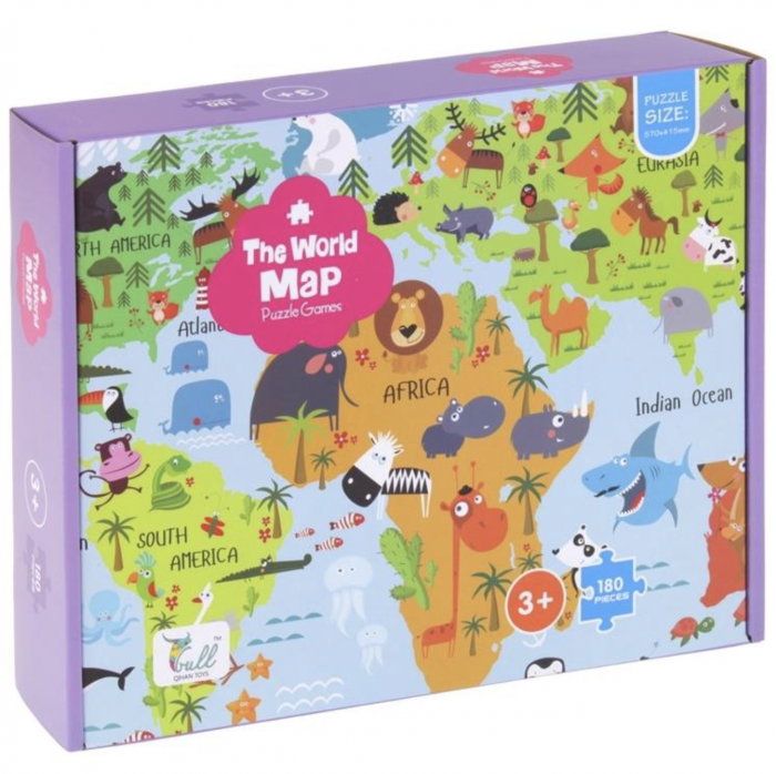 Puzzle clasic, 180 piese, Harta lumii si animalele [3]