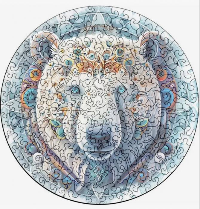 Puzzle din lemn tip mandala, Ursul polar, 2200 piese, 30 x 30 cm