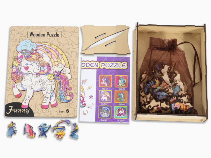 Puzzle din lemn tip mandala, Unicorn, 220 piese, 30 cm