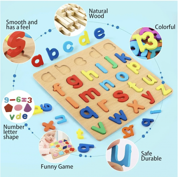 Puzzle incastru 3D litere mici, din lemn, 20x20 cm [3]