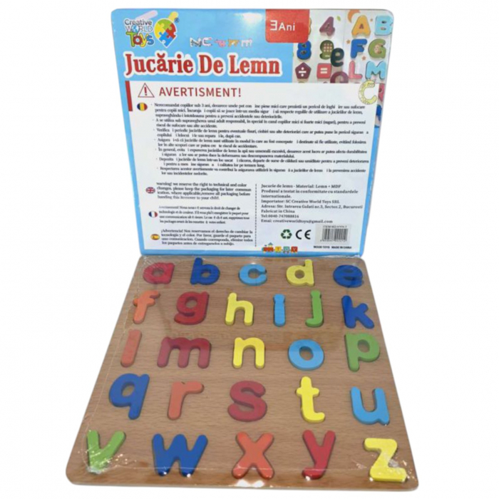 Puzzle incastru 3D litere mici, din lemn, 20x20 cm [4]