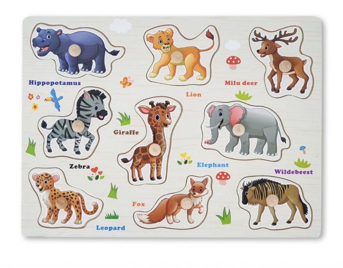 Puzzle Incastru Cu Animale Salbatice Cu Buton Si Imagini, Din Lemn [2]