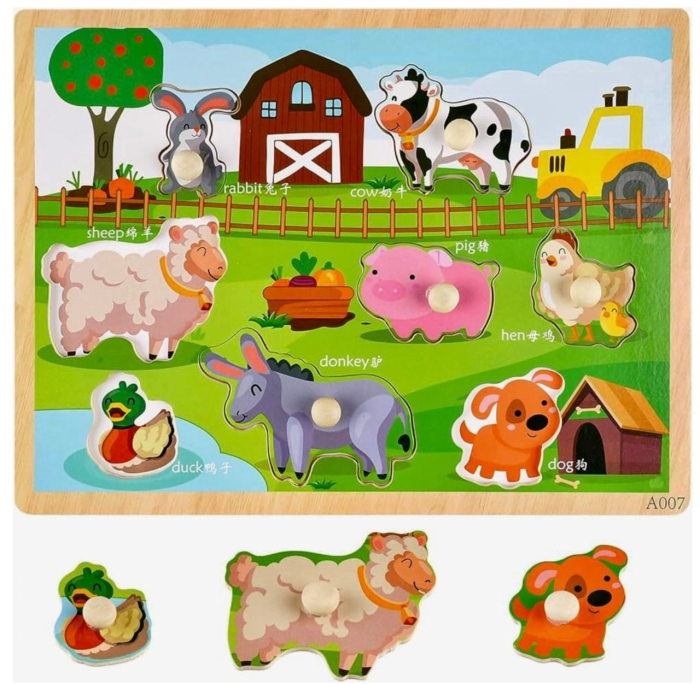 Puzzle Incastru Cu Buton si Imagini cu Animale de la Ferma, din lemn