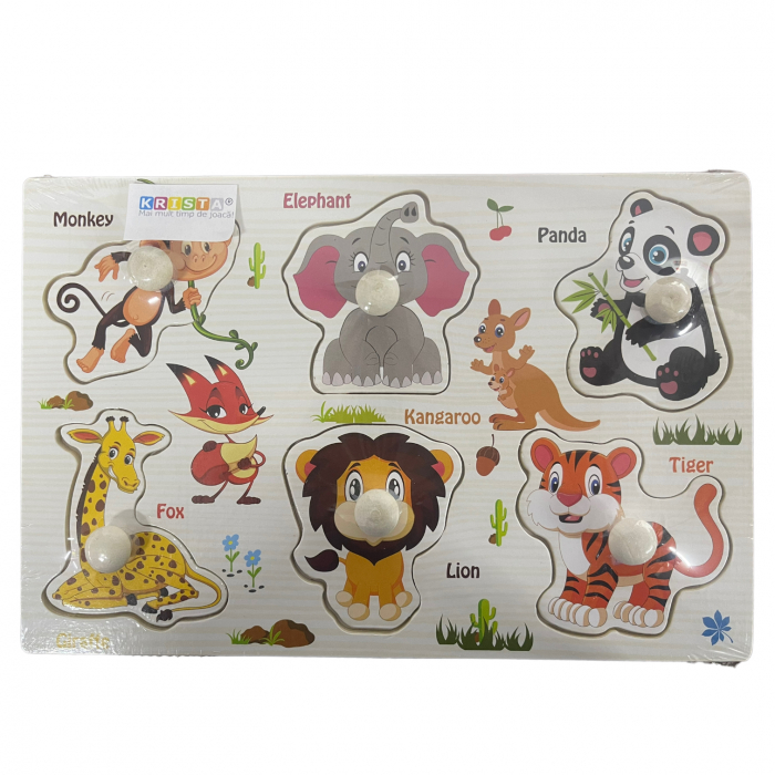 Puzzle incastru cu butoni si imagini, animale salbatice, din lemn, 22 x 15 cm