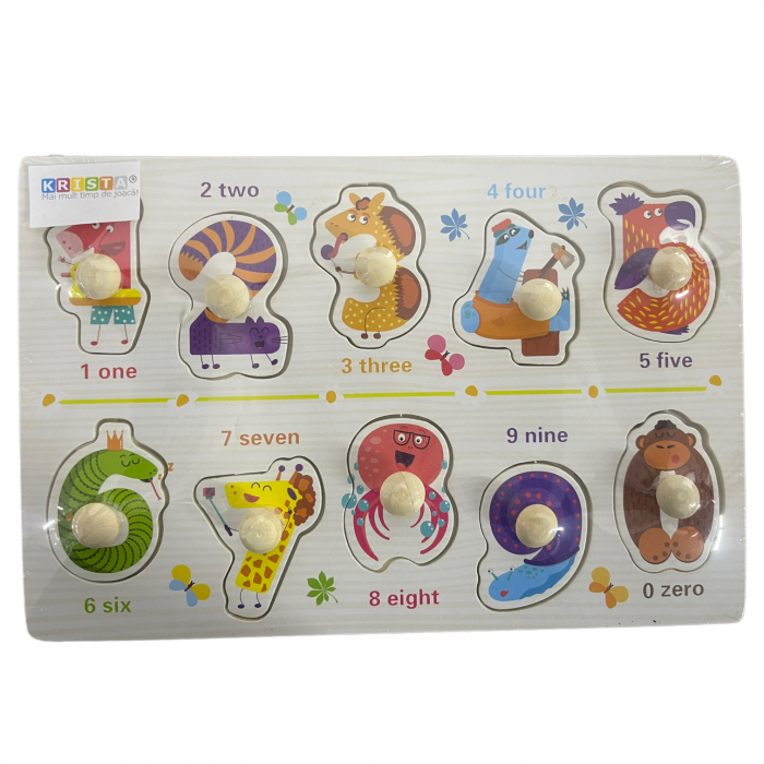 Puzzle incastru cu butoni si imagini, cifre, din lemn, 22 x 15 cm