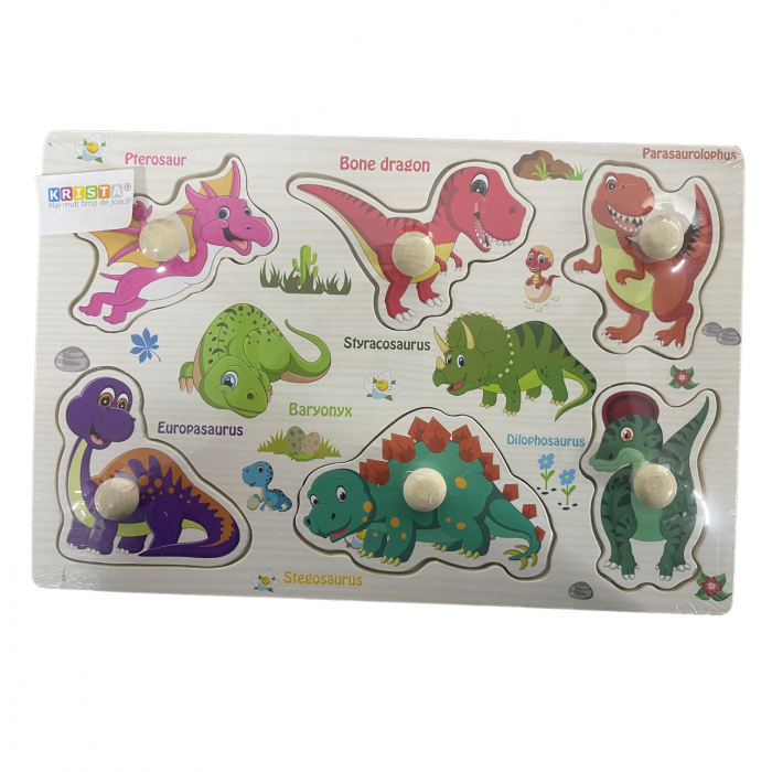 Puzzle incastru cu butoni si imagini, dinozauri, din lemn, 22 x 15 cm