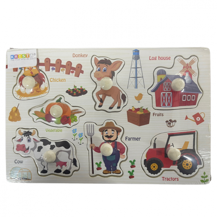 Puzzle incastru cu butoni si imagini, la ferma, din lemn, 22 x 15 cm