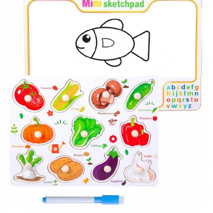 Puzzle incastru cu tablita de desen si marker, Legume, din lemn [2]