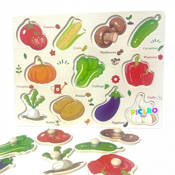 Puzzle incastru cu tablita de desen si marker, Legume, din lemn [3]