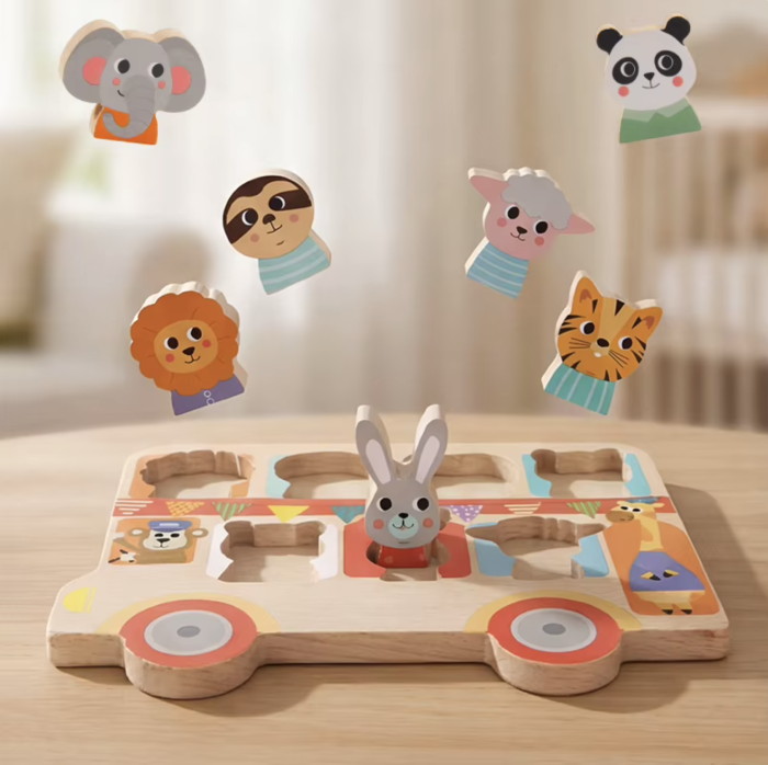 Puzzle incastru si snuruit din lemn Autobuzul cu animale, 7 figurine 3D, Montessori, +18 luni [5]