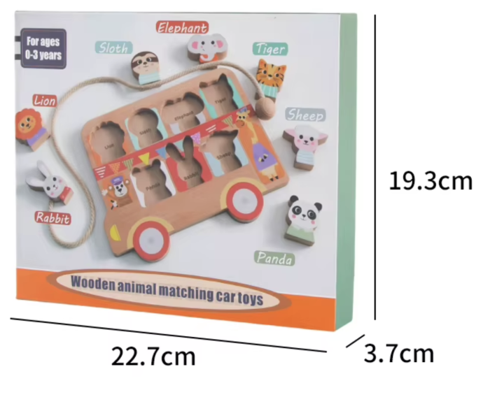 Puzzle incastru si snuruit din lemn Autobuzul cu animale, 7 figurine 3D, Montessori, +18 luni [9]