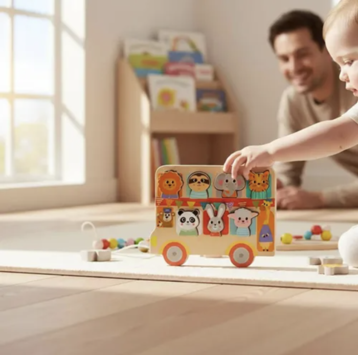 Puzzle incastru si snuruit din lemn Autobuzul cu animale, 7 figurine 3D, Montessori, +18 luni [3]