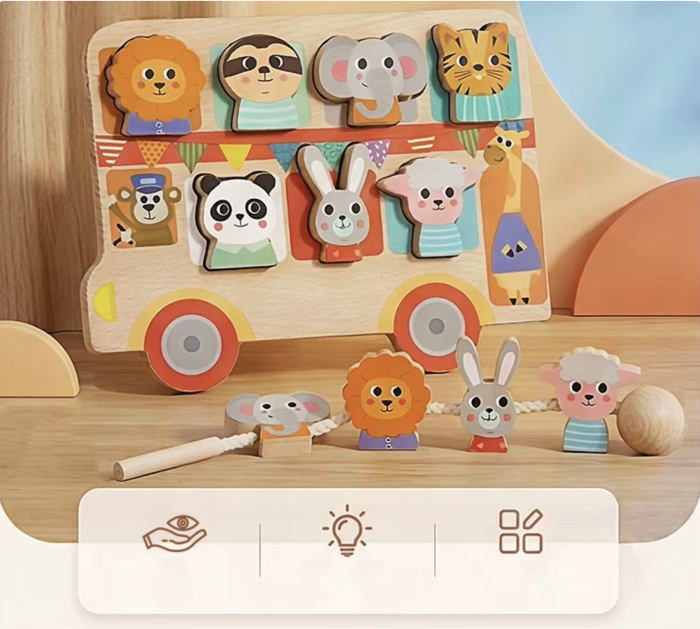 Puzzle incastru si snuruit din lemn Autobuzul cu animale, 7 figurine 3D, Montessori, +18 luni [4]