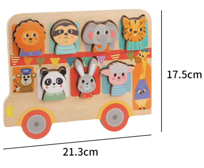 Puzzle incastru si snuruit din lemn Autobuzul cu animale, 7 figurine 3D, Montessori, +18 luni [10]