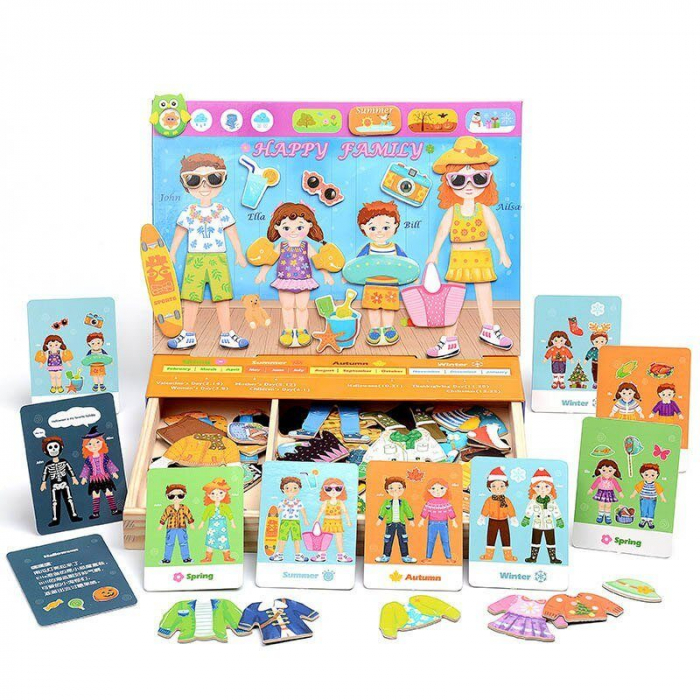 Puzzle magnetic 8 piese imbraca toata familia, din lemn
