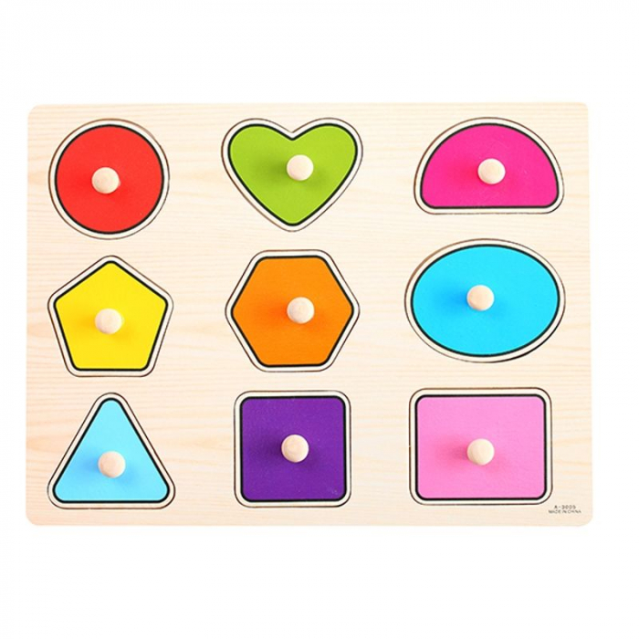 Puzzle incastru din lemn cu forme geometrice cu buton si imagini