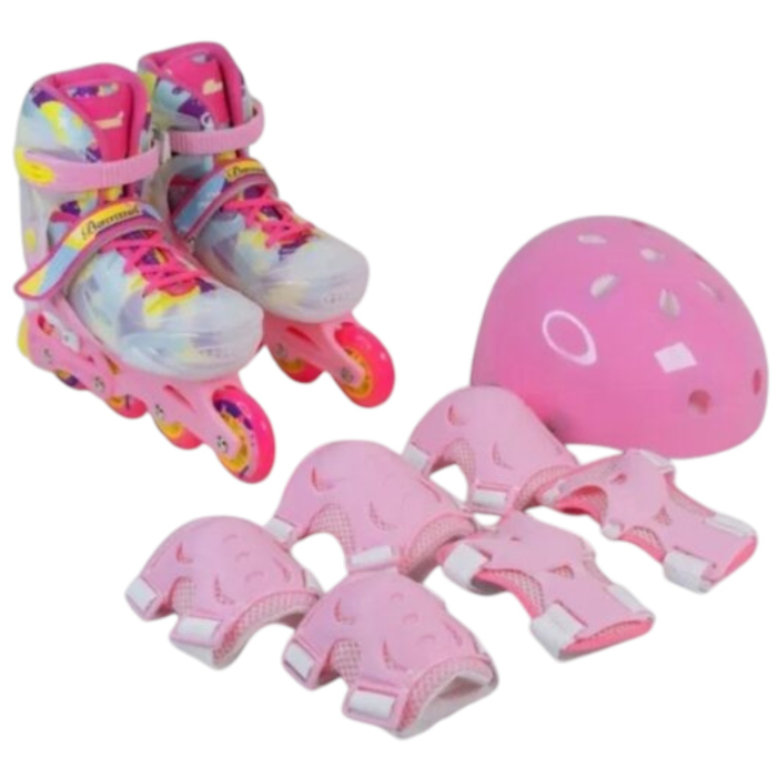 Role copii 2 in 1 BW230, reglabile S 31-34, casca, protectii, roz cu alb [5]