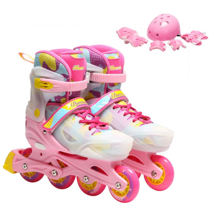 Role copii 2 in 1 BW230, reglabile S 31-34, casca, protectii, roz cu alb [2]