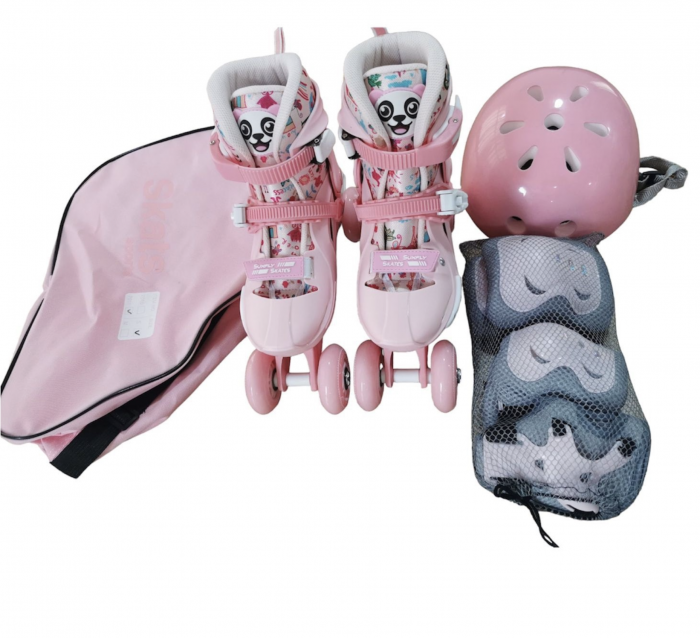 Role copii 2 in 1, R011, cu casca, cotiere si genunchiere, masuri reglabile 29-32, roz pal, S [5]