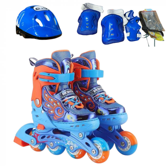 Role copii MY-918TDS, 31-34 albastru S, 4 roti, 3 in 1, cu accesorii de protectie, masuri reglabile