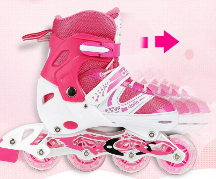 Role si patine cu rotile copii SR06, roti silicon cu lumini, masuri reglabile 31-34, roz [2]
