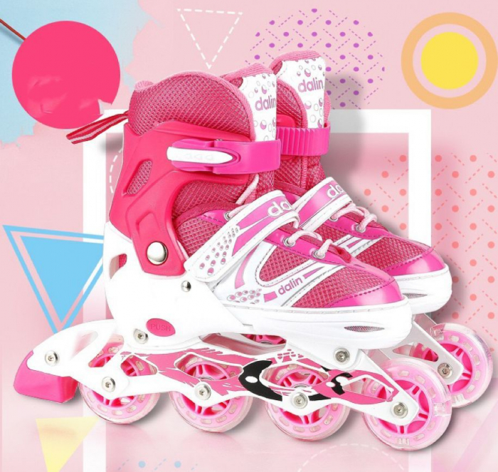 Role si patine cu rotile copii SR06, roti silicon cu lumini, masuri reglabile 31-34, roz [12]