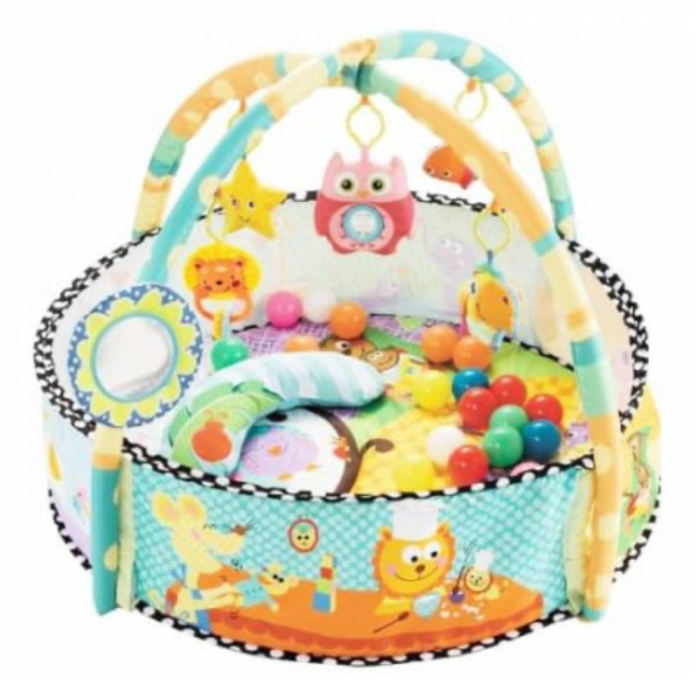 Saltea de joaca 2 in 1 pentru bebelusi, cu bile, pernuta si bara jucarii Happy Space Play Gym, bleu