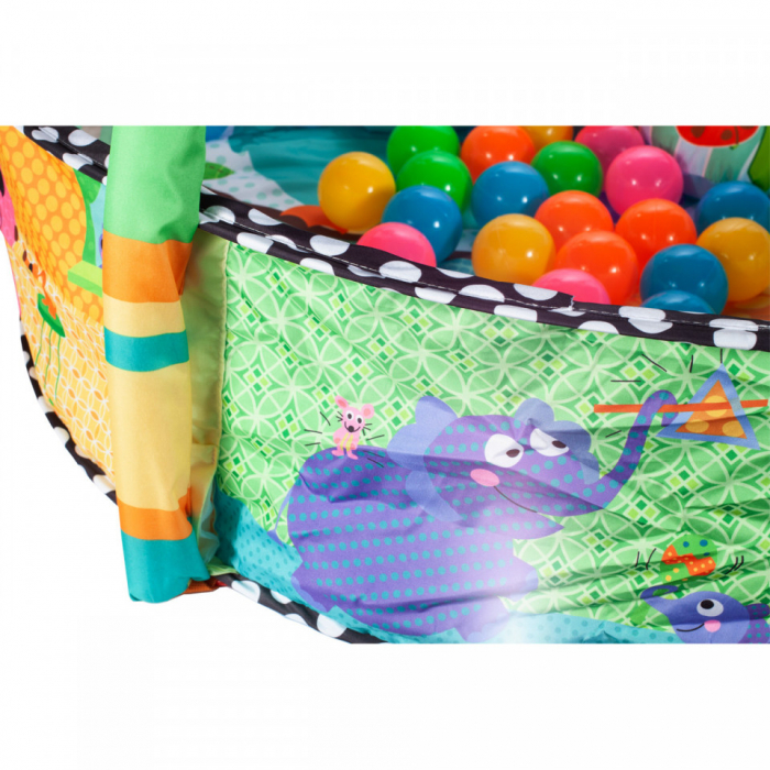 Saltea de joaca 2 in 1 pentru bebelusi, cu bile, pernuta si bara jucarii Happy Space Play Gym, bleu [5]
