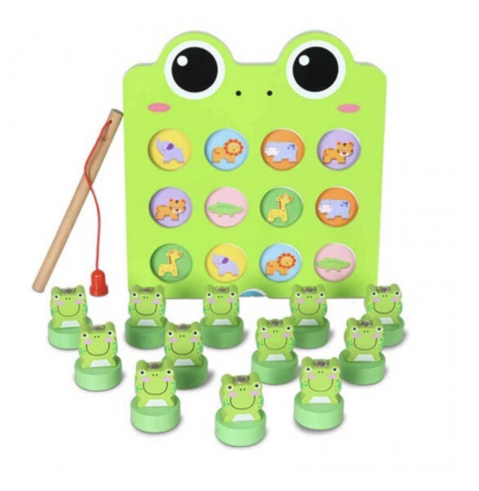 Jucarie 2 in 1, Frog memory chess si de pescuit, din lemn