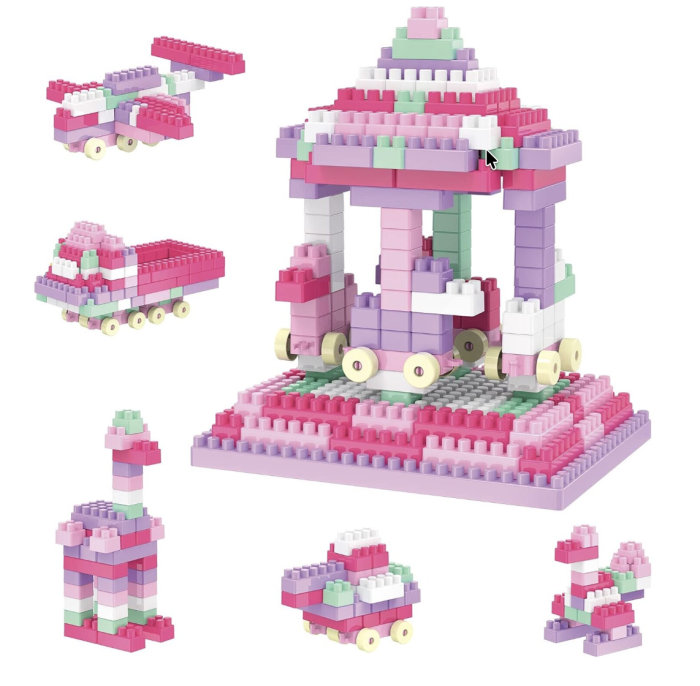 Set 140 piese de construit Building Blocks multicolore, cutie depozitare cu maner, Roz [2]