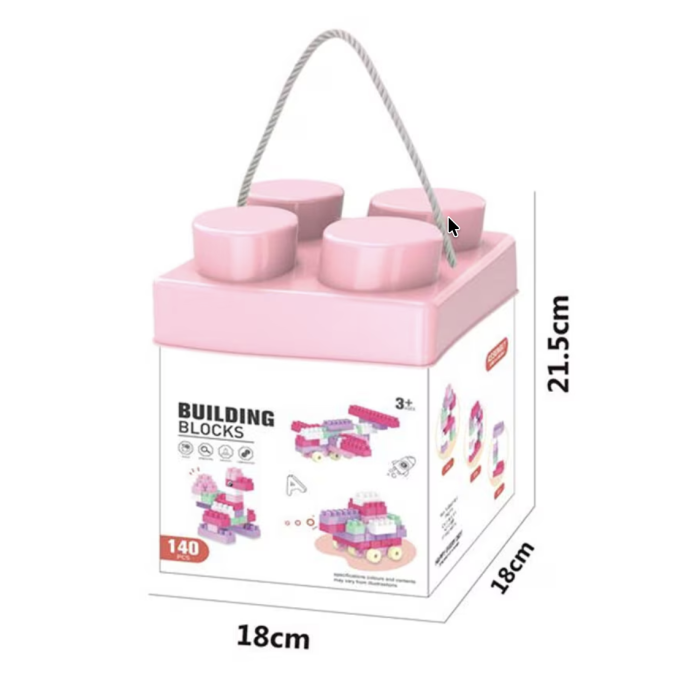 Set 140 piese de construit Building Blocks multicolore, cutie depozitare cu maner, Roz [5]