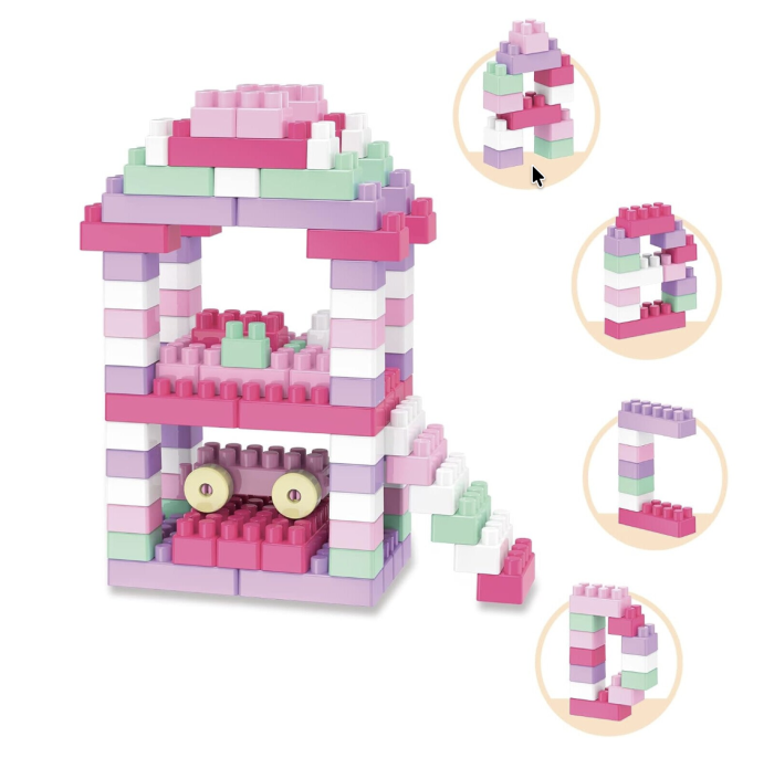 Set 140 piese de construit Building Blocks multicolore, cutie depozitare cu maner, Roz [4]