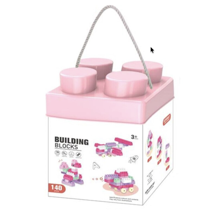 Set 140 piese de construit Building Blocks multicolore, cutie depozitare cu maner, Roz [3]
