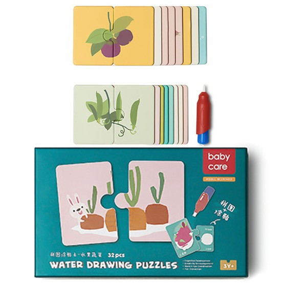 Set 16 puzzle cu 2 piese mari si de colorat cu apa, 32 piese - Fructe si legume