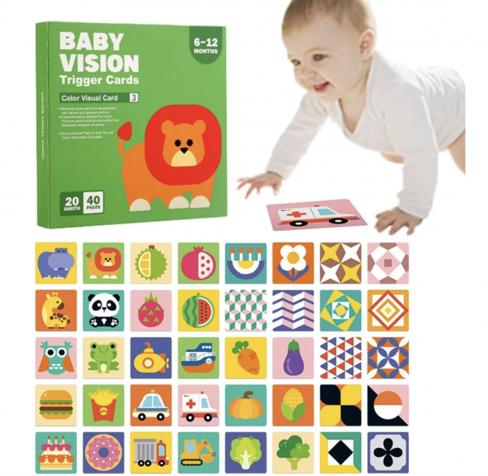 Set 20 carduri STEM de stimulare vizuala si senzoriala pentru bebelusi 6-12 luni