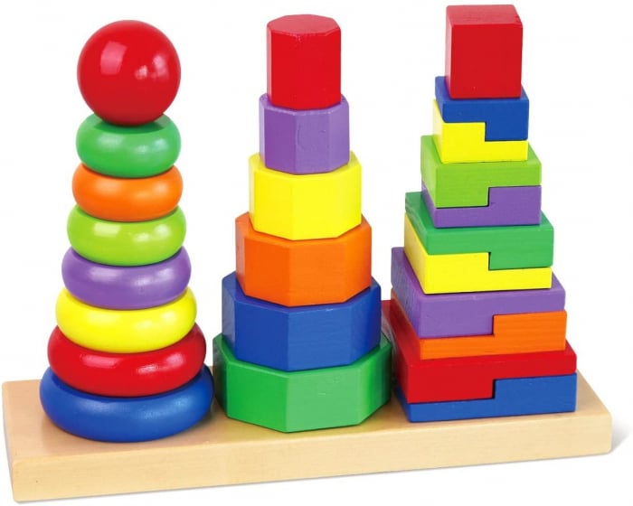 Set 3 turnuri Montessori Rainbow cu Forme geometrice