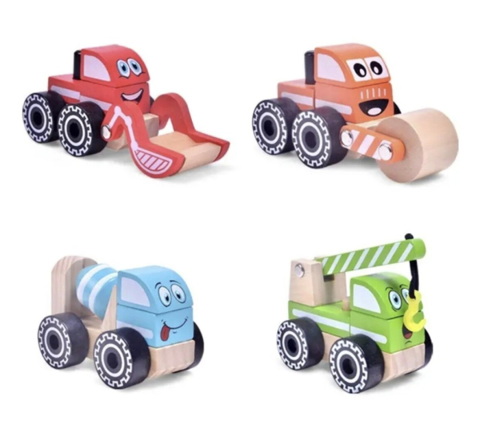 Set 4 Masinute Utilitare - Betoniera, Compactor, Excavator, Macara, din lemn